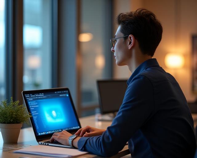 Professionell affärsperson som lär sig via videobaserade onlinekurser på dator
